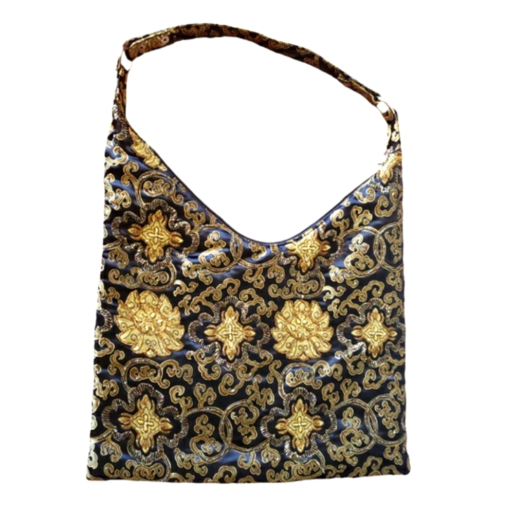 Vintage Black Satin Bag Embroidered Floral Golden Threads & Various Types Beads